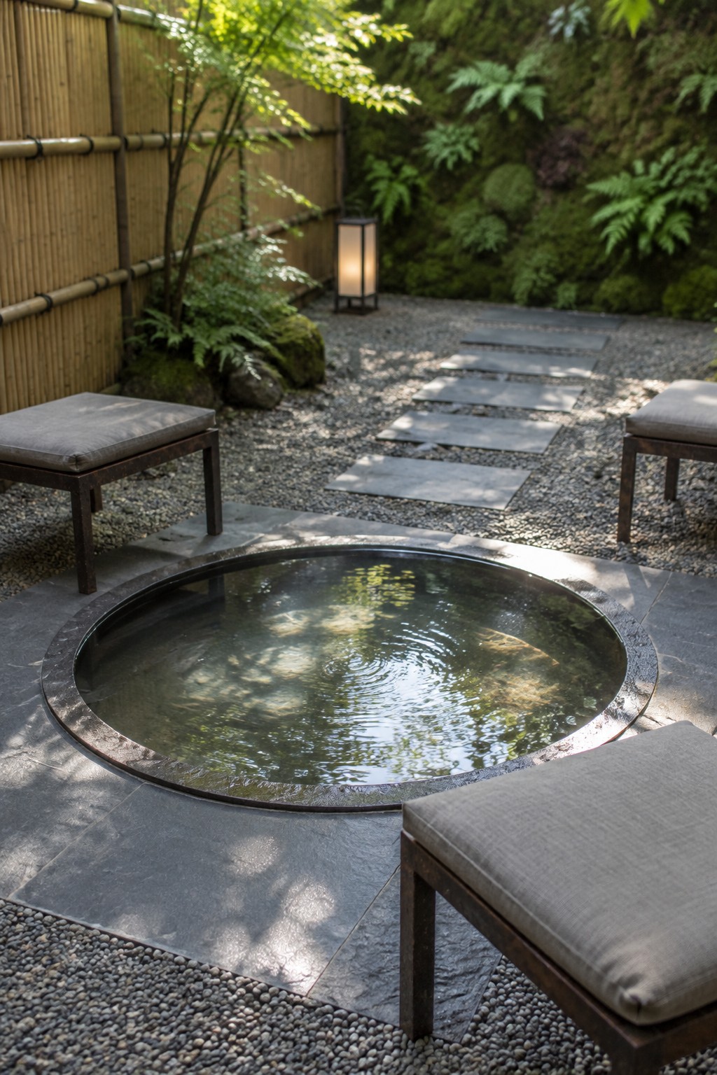 Circular stone hot tub in lush Japanese zen garden with gravel path and benches