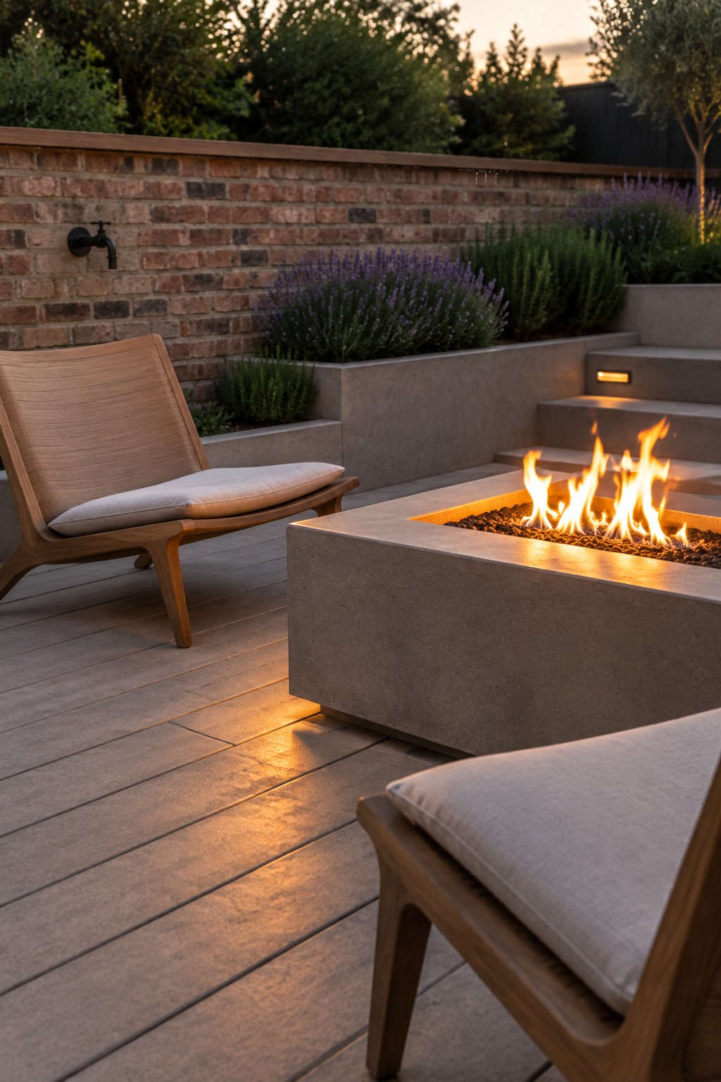 Modern wooden lounge chairs around a flaming concrete fire pit on a deck at dusk