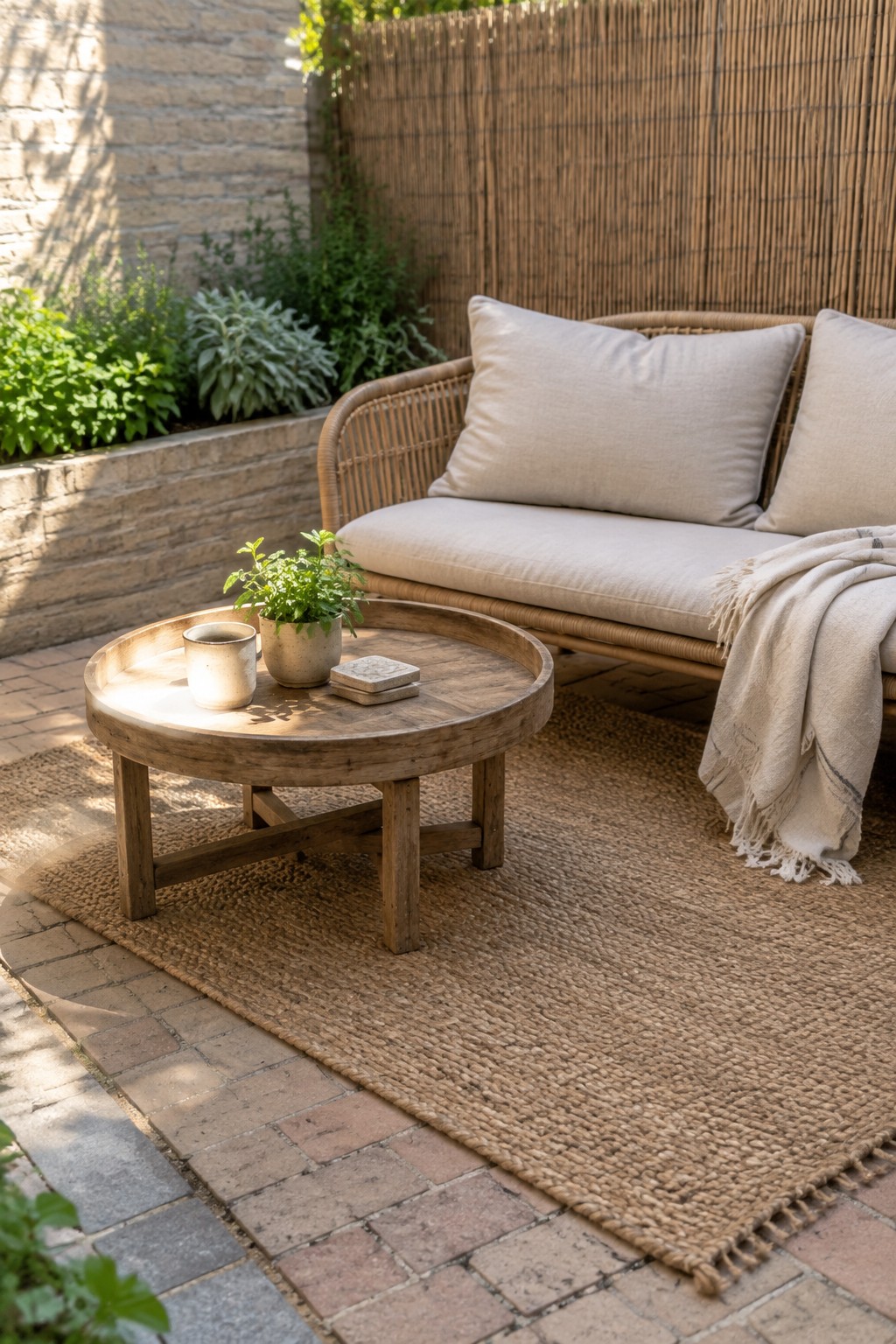 A small outdoor patio with a rattan sofa, round wooden coffee table on a woven rug, and brick paving.