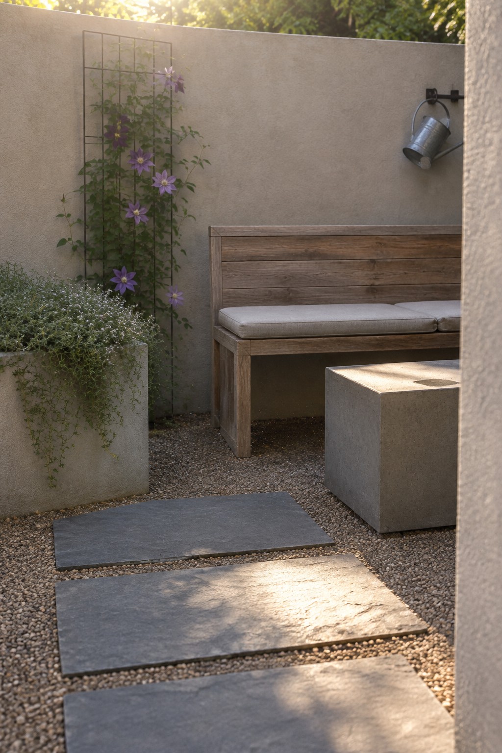 A wooden bench with light gray cushions sits against a beige wall on a gravel patio, with stone pavers in the foreground, a concrete cube table nearby, and a trellis with purple flowers to the left.