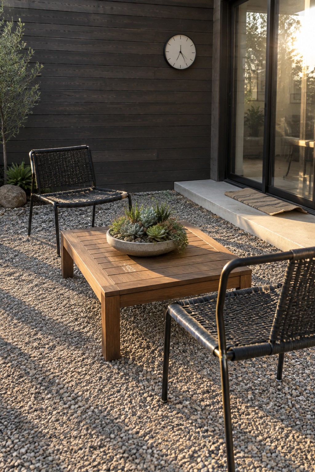 A small gravel patio with two black woven chairs and a low wooden table holding a bowl of succulents, set against a dark horizontal wood wall next to a sliding glass door.