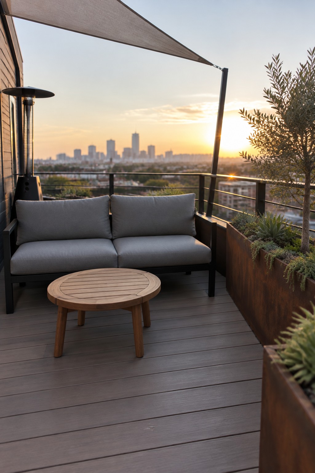 Gray sofa and round wooden table on rooftop deck with sunset skyline view