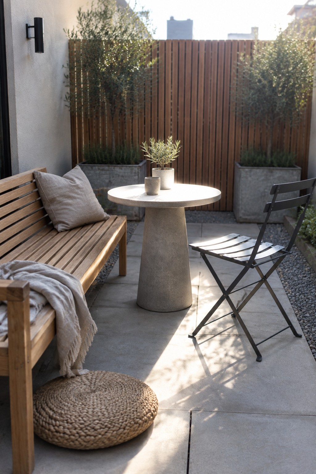 Sunlit patio with wooden bench, round concrete table, black metal chair, and woven mat