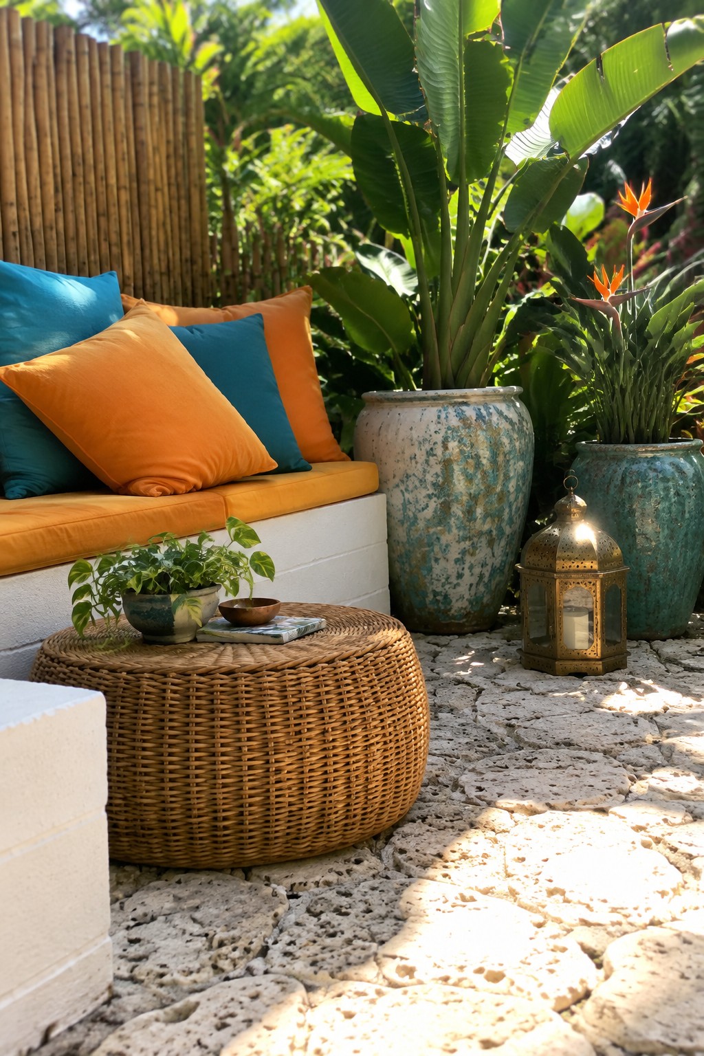 A concrete block bench with orange and teal cushions sits on a stone patio beside a round wicker table, large ceramic pots, and a lantern.