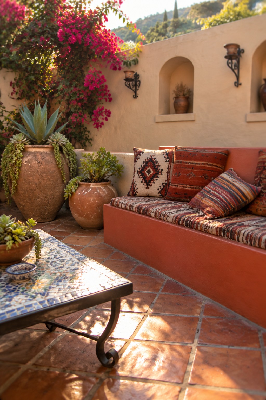 A patio scene showing a long built-in bench in warm terracotta color topped with striped and patterned cushions, next to large clay pots and a mosaic-top table on brick pavers.