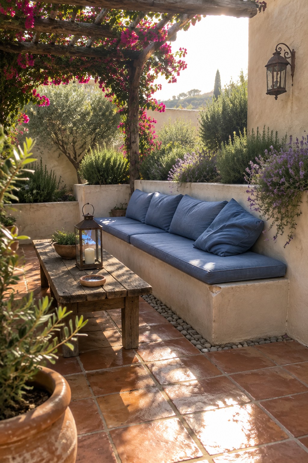 A patio with a built-in concrete bench topped with blue cushions under a wooden pergola with pink flowers, next to a rustic wooden table holding a lantern.
