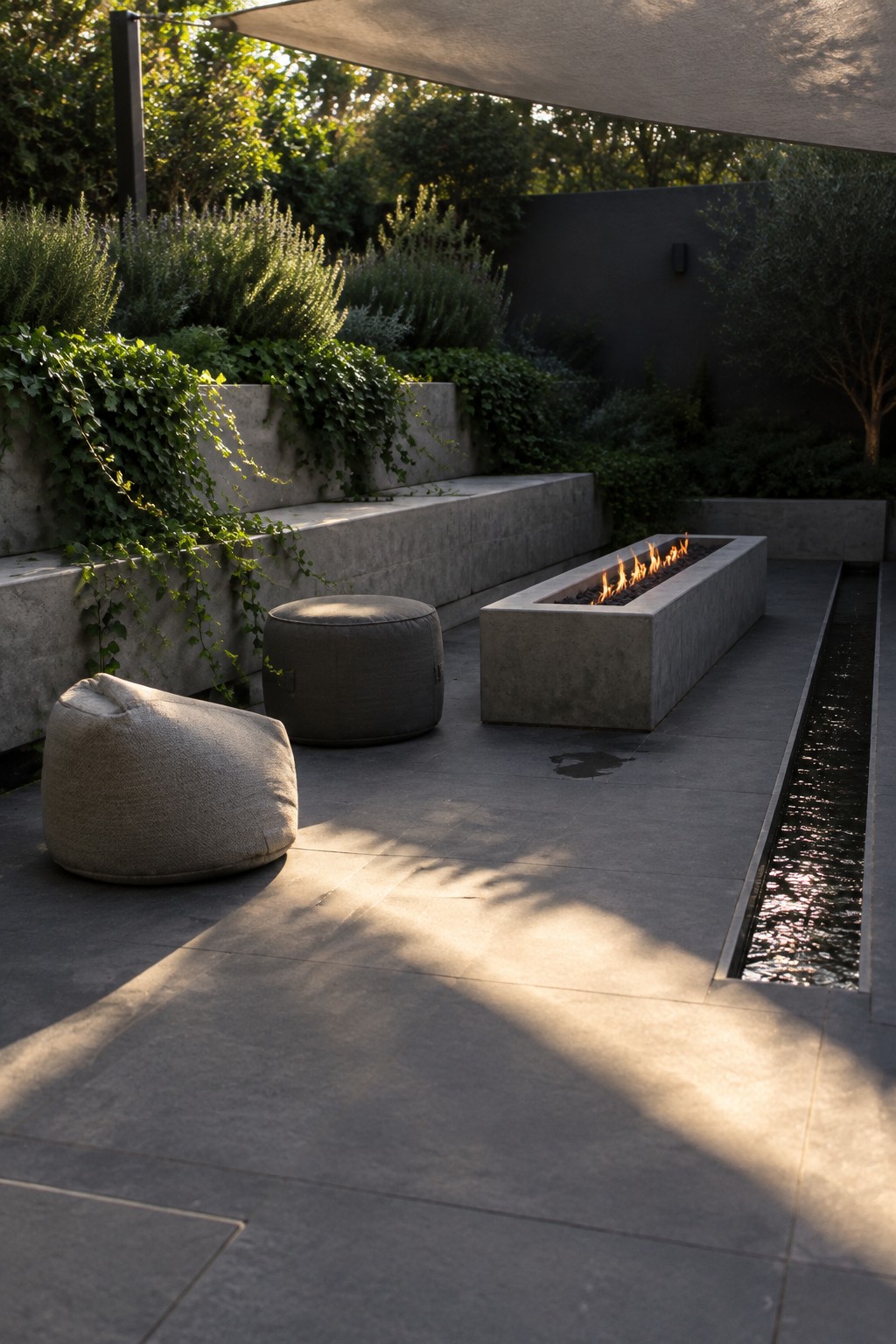 An outdoor patio with tiered concrete benches, a long rectangular concrete fire pit with flames, two fabric bean bag chairs on gray tiles, and a narrow water channel along one edge.
