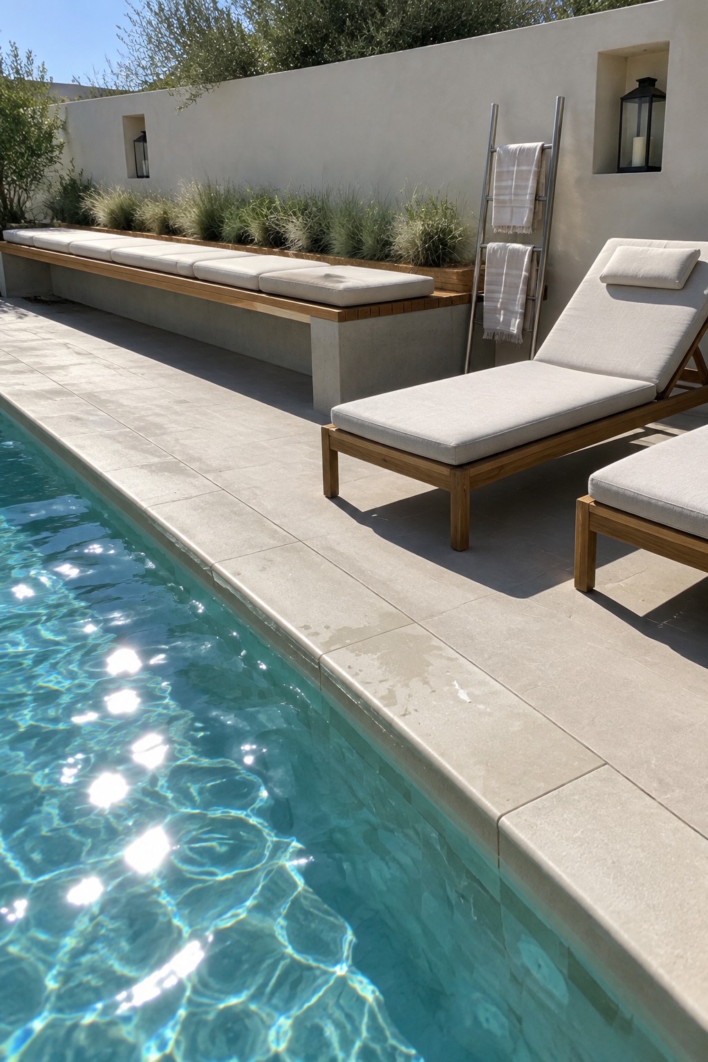 Modern poolside with wooden lounge chairs, cushioned bench, towel rack, and blue water