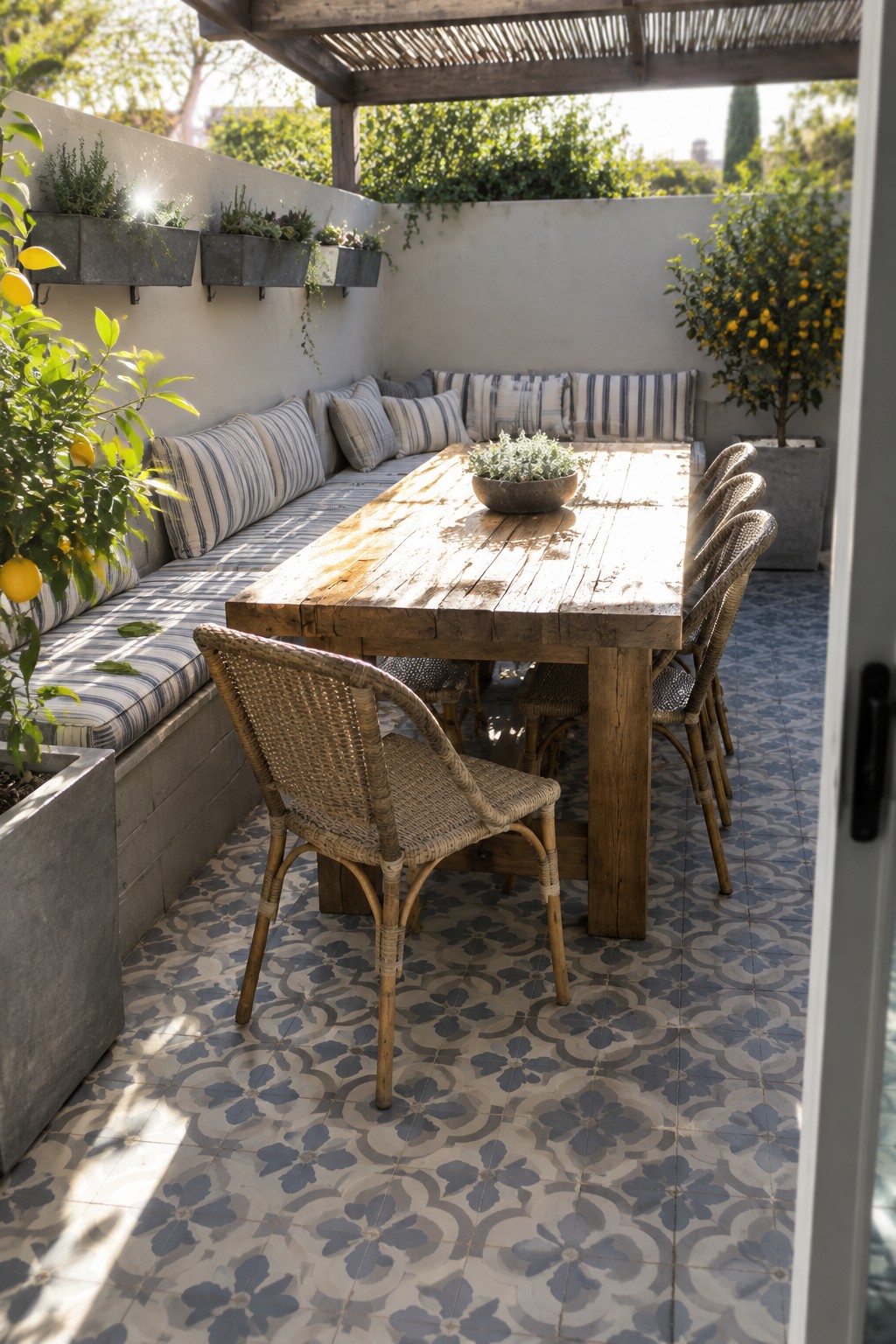 A patio scene showing a long concrete block bench with striped cushions along a wall, a rustic wooden table with a bowl in the center, and several woven chairs arranged around it on patterned tile.