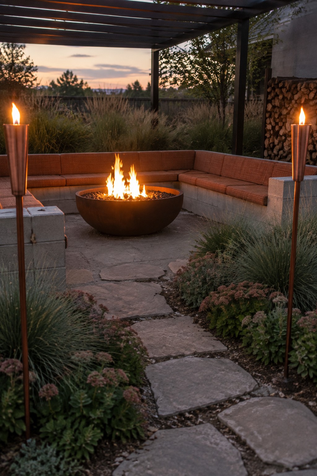 Round fire pit with flames amid curved benches, lit torches on stone patio at dusk