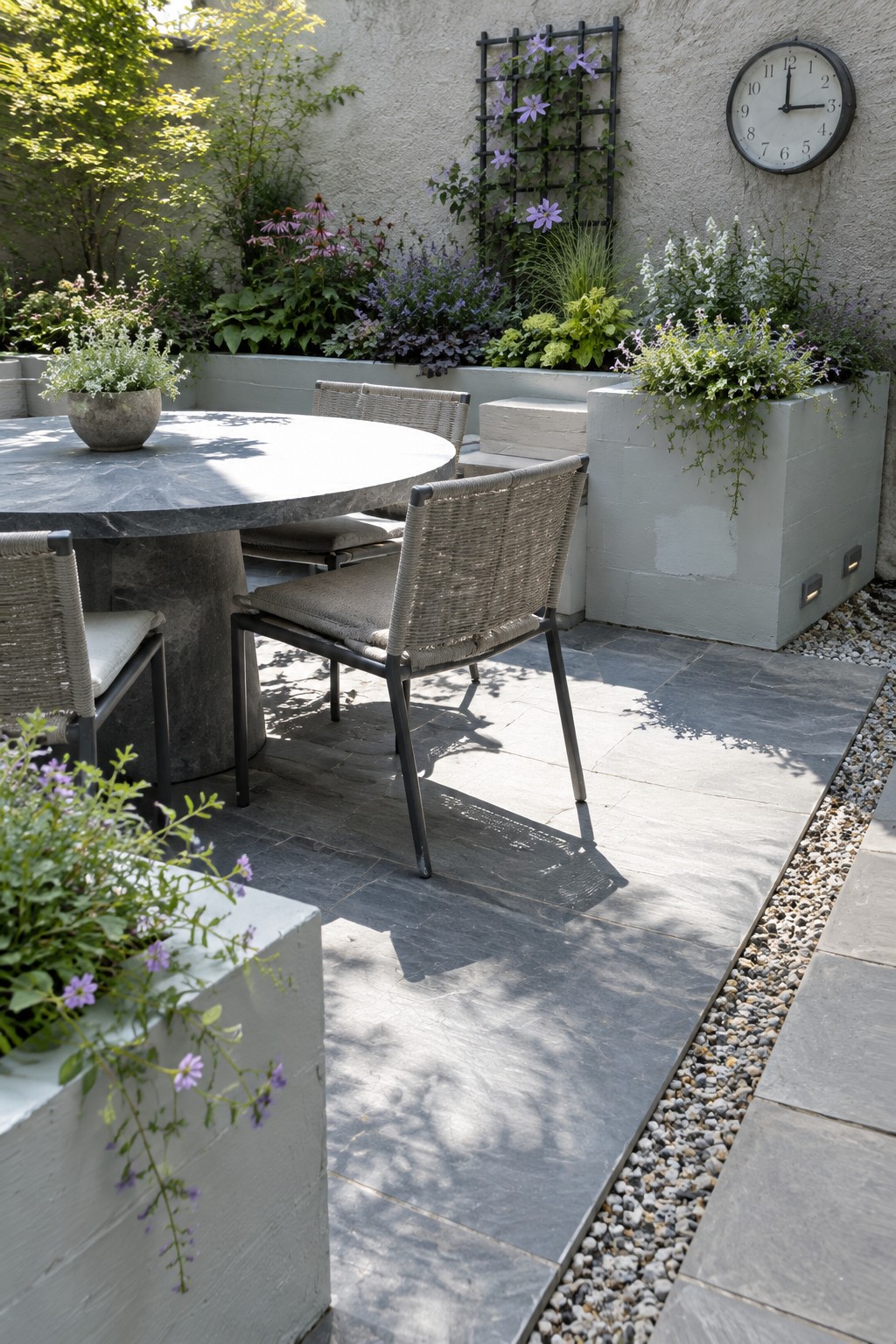 Outdoor patio with round stone dining table, woven chairs, concrete block planters with flowers, and gravel edging.
