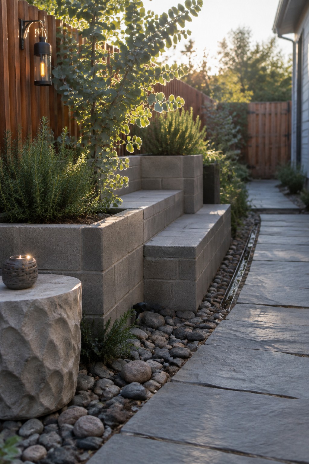 A backyard patio area with tiered concrete block benches, gravel border, stone pathway, and surrounding plants, including a lit wall lantern and a small candle on a stone stool.