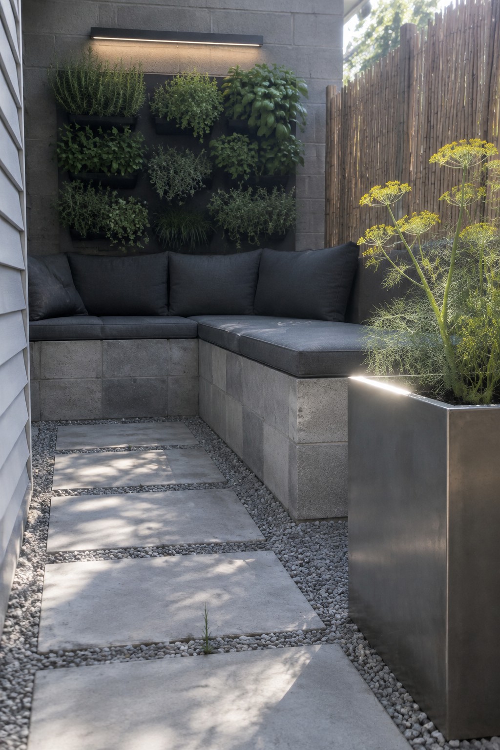 An L-shaped concrete block bench with gray cushions sits in a gravel patio beside a metal planter and a living wall on a cinder block wall.