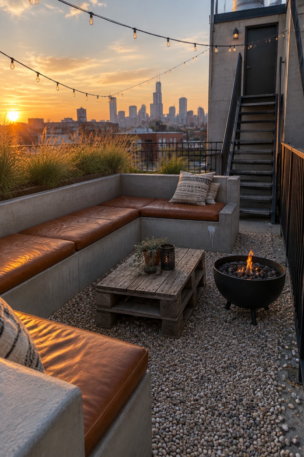 A rooftop patio features an L-shaped concrete bench with brown cushions, a wooden pallet table, a black fire pit on gravel, and string lights with a city skyline at sunset.