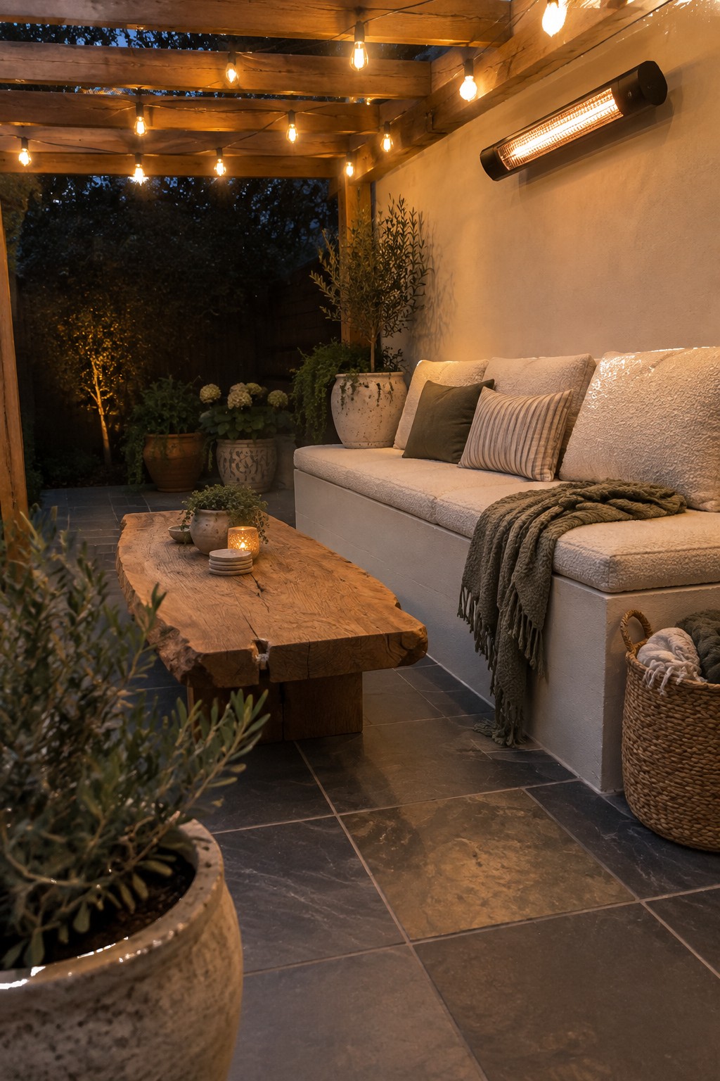 A covered patio at dusk with a long built-in concrete bench topped with light cushions and pillows, a rustic wooden table in front, string lights overhead, and potted plants along the edges.
