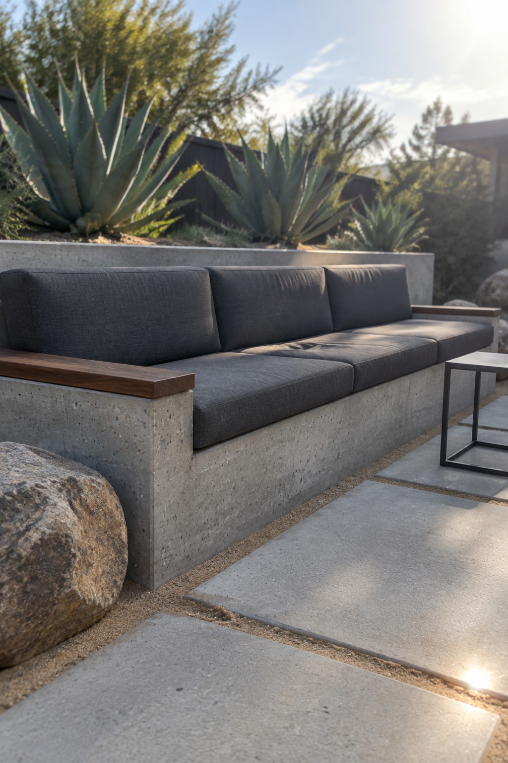 A long concrete bench with dark gray cushions and wooden armrests on a patio with stone pavers and large agave plants nearby.