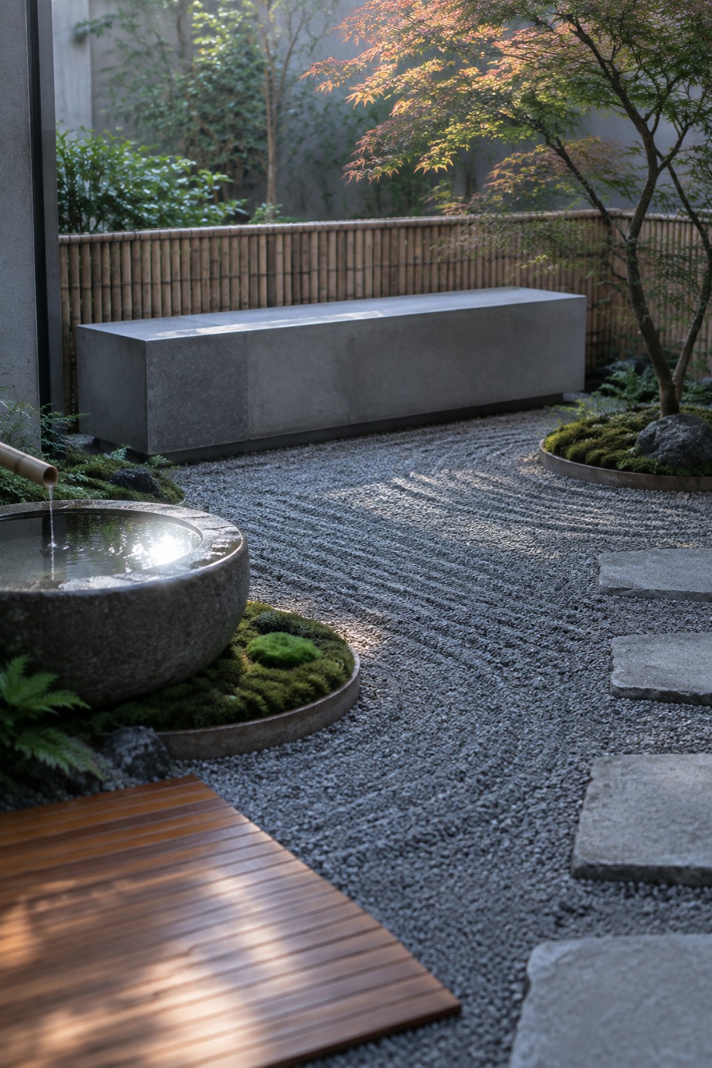 A long gray concrete bench rests on gravel beside a raked path, with a stone water basin, moss, and a wooden deck visible in the foreground.