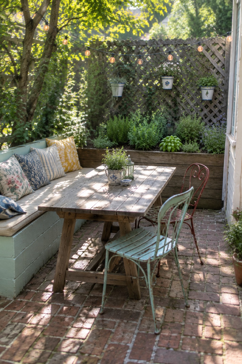 A brick patio with a long bench made of concrete blocks topped with cushions, a rustic wooden table, and several metal chairs.