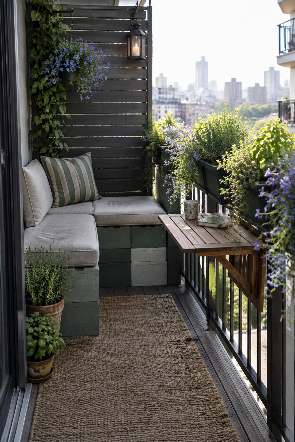 A balcony seating area with a bench built from stacked concrete blocks, gray cushions, a green striped pillow, potted herbs, hanging plants, a wooden fold-down table, and a city view in the background.