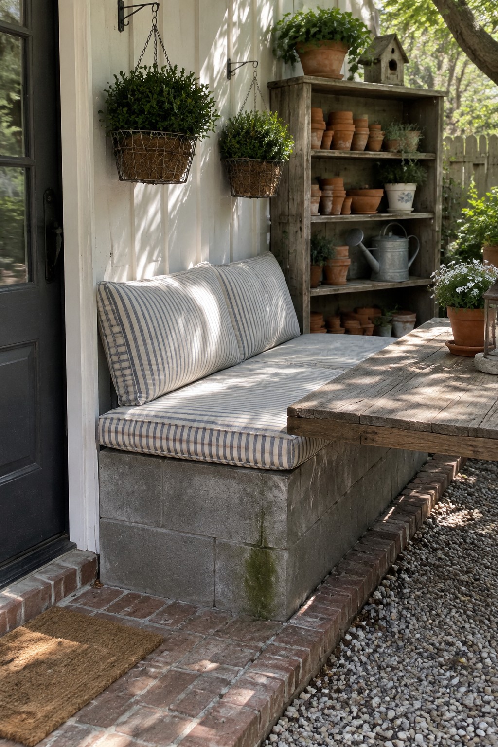 A concrete block bench topped with striped cushions sits on a brick patio beside a wooden table, with hanging plants and a wooden shelf of pots in the background.