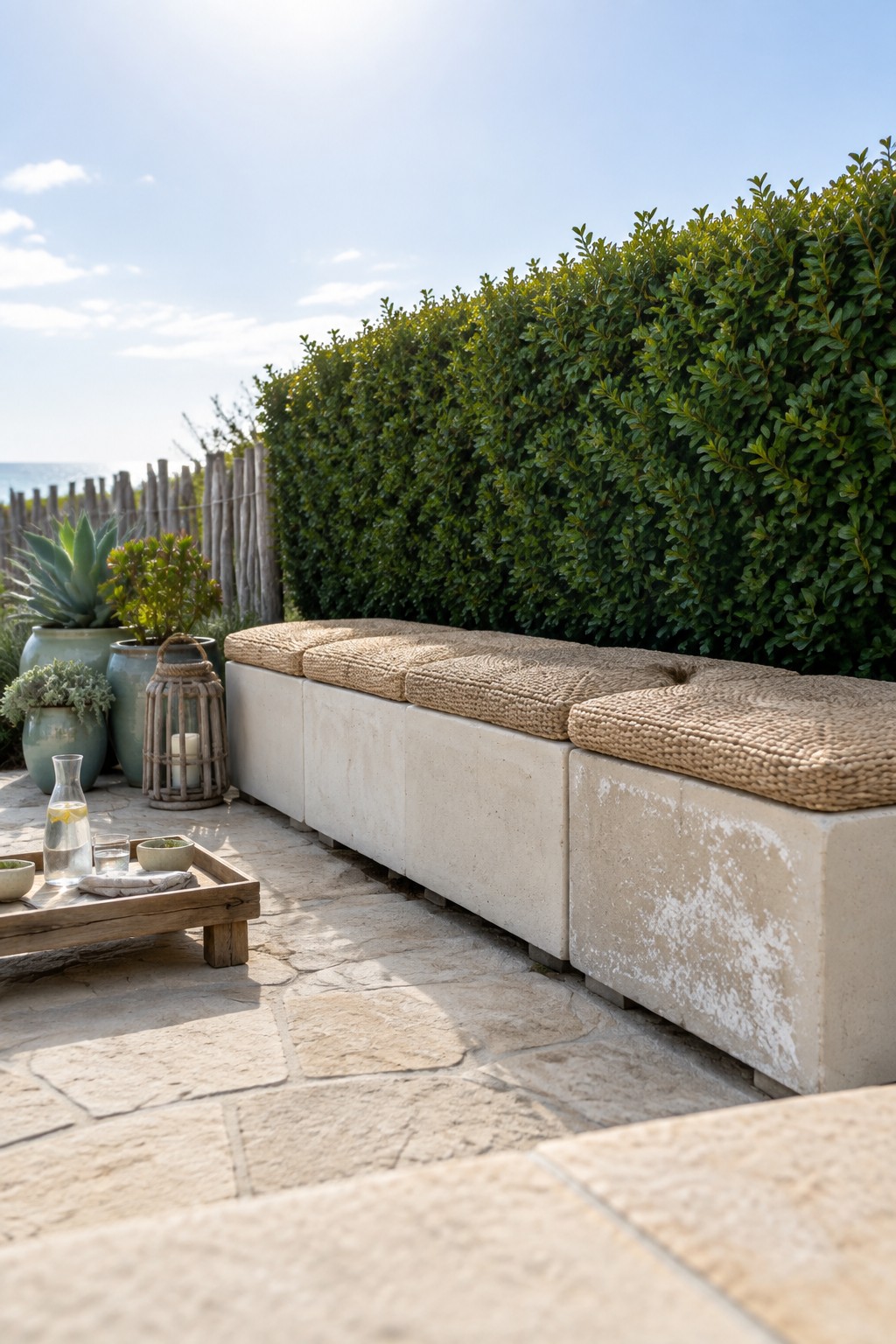 Concrete bench with woven beige cushions on sunny stone patio by green hedge