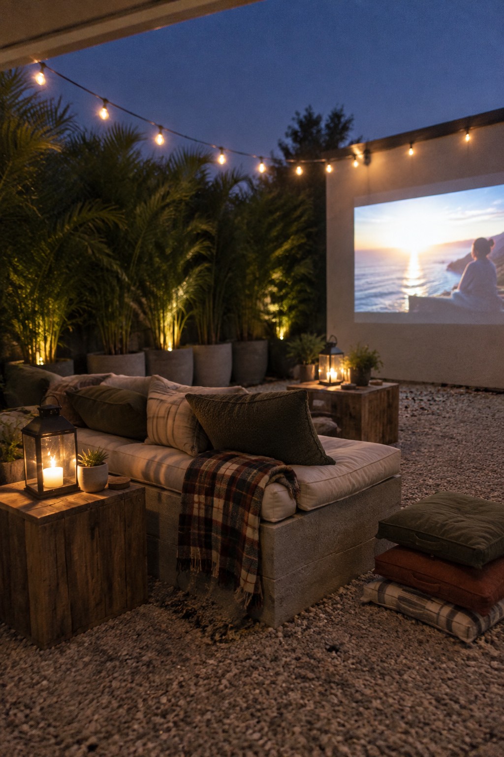 A low concrete block bench topped with cushions and a plaid blanket sits on gravel beside wooden side tables, string lights, and a large projector screen at dusk.