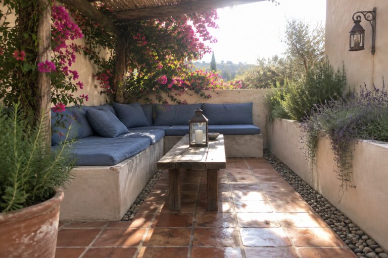 24 Stylish Budget Patio Seating Ideas Built Around Concrete Block Benches A patio with a built-in concrete bench topped with blue cushions under a wooden pergola with pink flowers, next to a rustic wooden table holding a lantern.