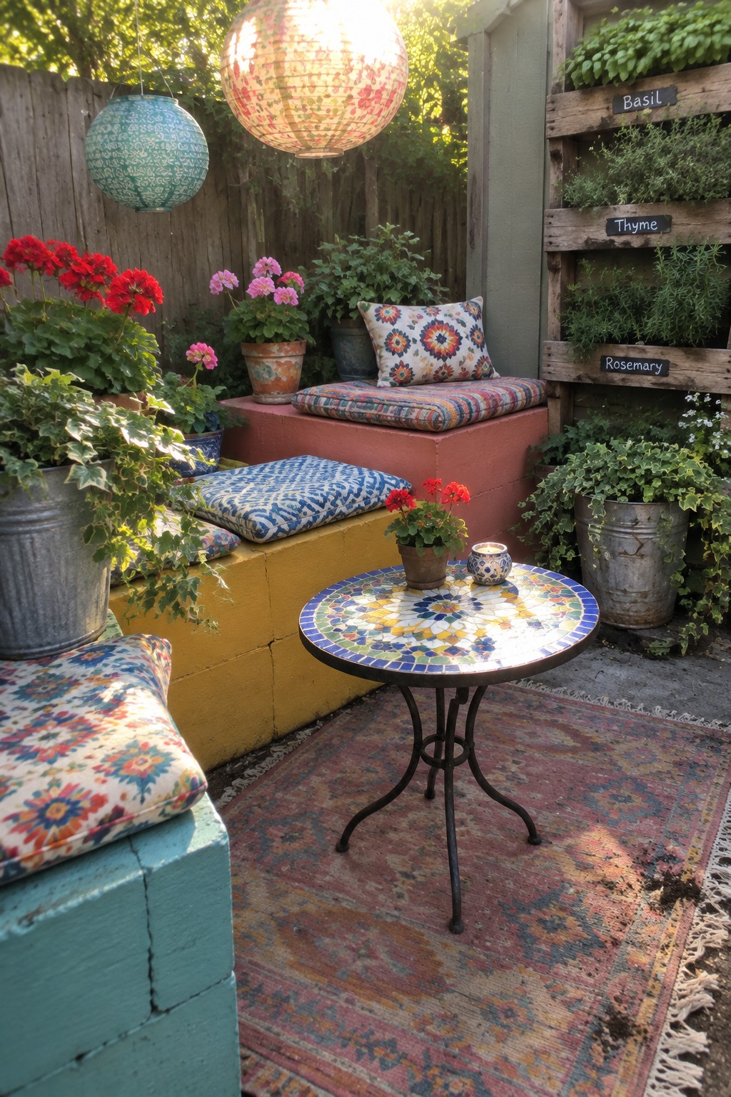 Cozy garden patio with mosaic table, colorful cushions, hanging lanterns, and potted herbs.