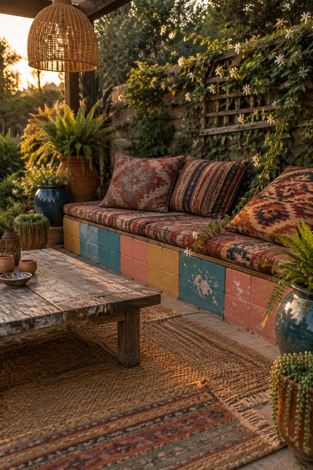 A patio bench built from multicolored concrete blocks with patterned cushions on top, next to a wooden table on a woven rug and surrounded by potted plants.