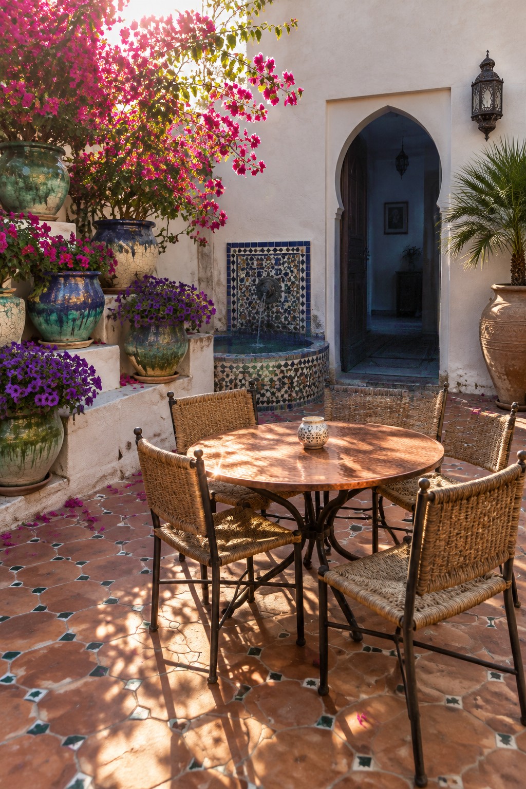 A sunny outdoor courtyard with a round wooden table and four woven chairs, surrounded by large colorful ceramic pots filled with pink and purple flowers, a tiled fountain, and an arched doorway in the background.