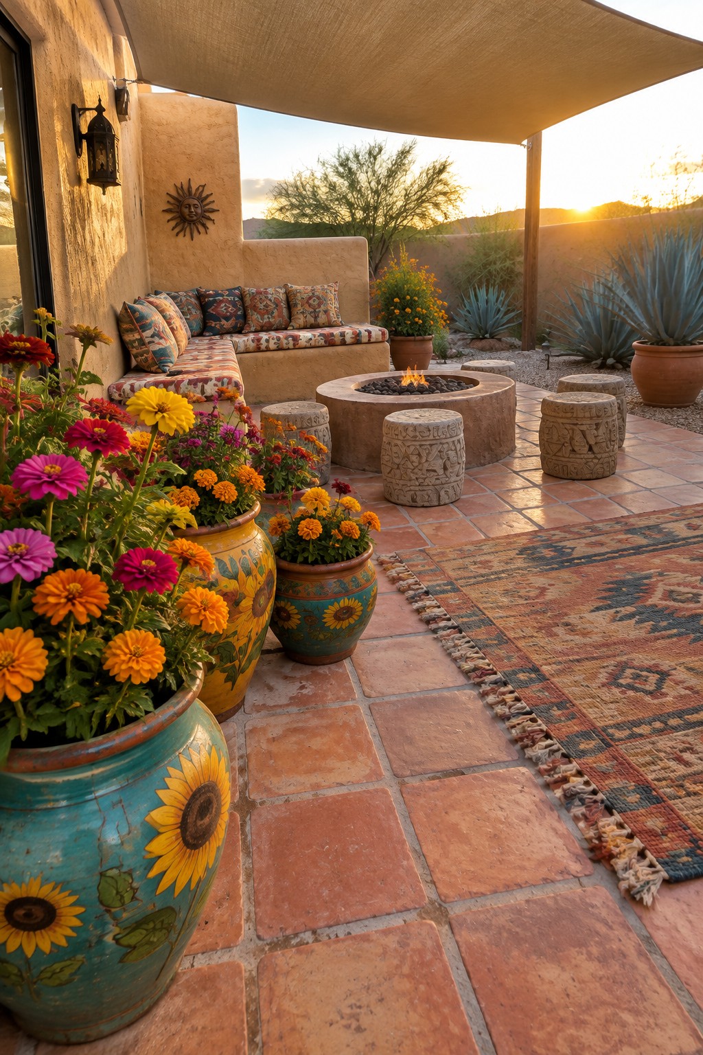 A southwestern patio with terracotta tiles, a cushioned built-in bench, a round fire pit, carved stone stools, and several large colorful ceramic pots holding bright zinnias, marigolds, and other flowers.
