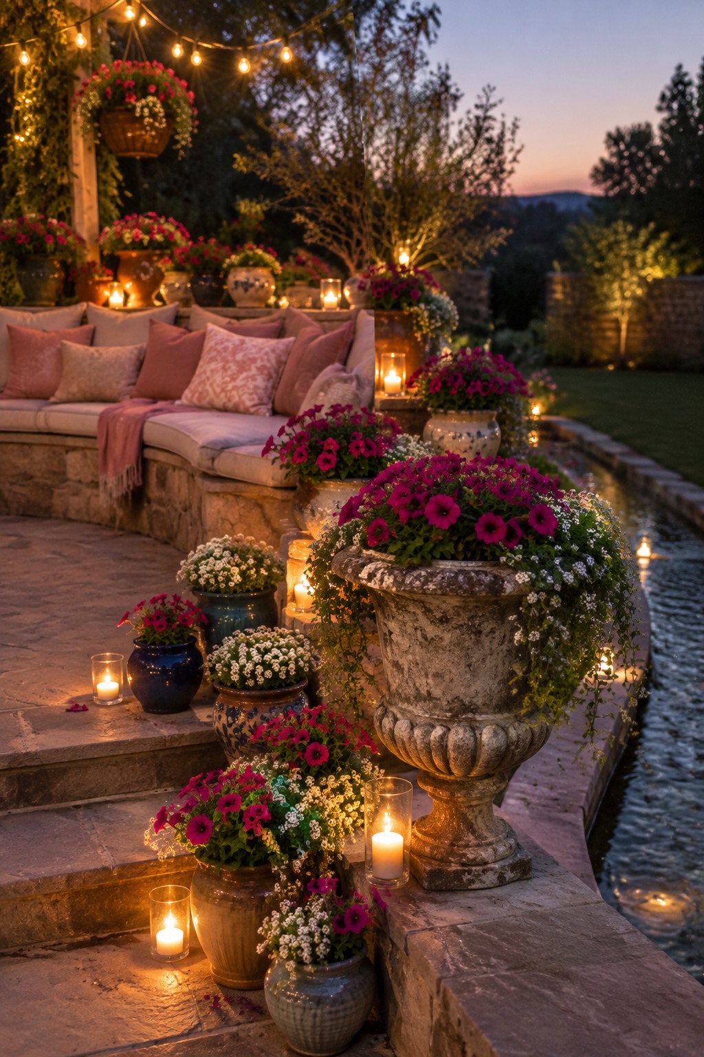 A stone patio at dusk with clusters of colorful potted flowers in various containers, lit by candles and string lights, next to a narrow water channel.
