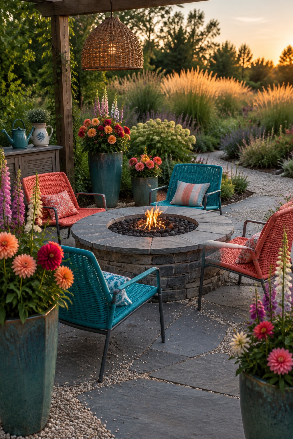 A round stone fire pit on a slate patio surrounded by coral and teal woven chairs and large blue ceramic pots filled with colorful flowers.