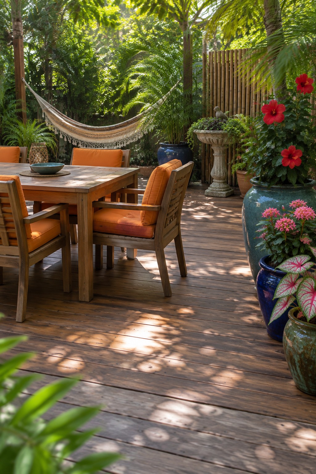A wooden deck patio furnished with a dining table and orange-cushioned chairs, surrounded by large colorful ceramic pots holding flowering plants and tropical foliage, with a hammock visible in the background.
