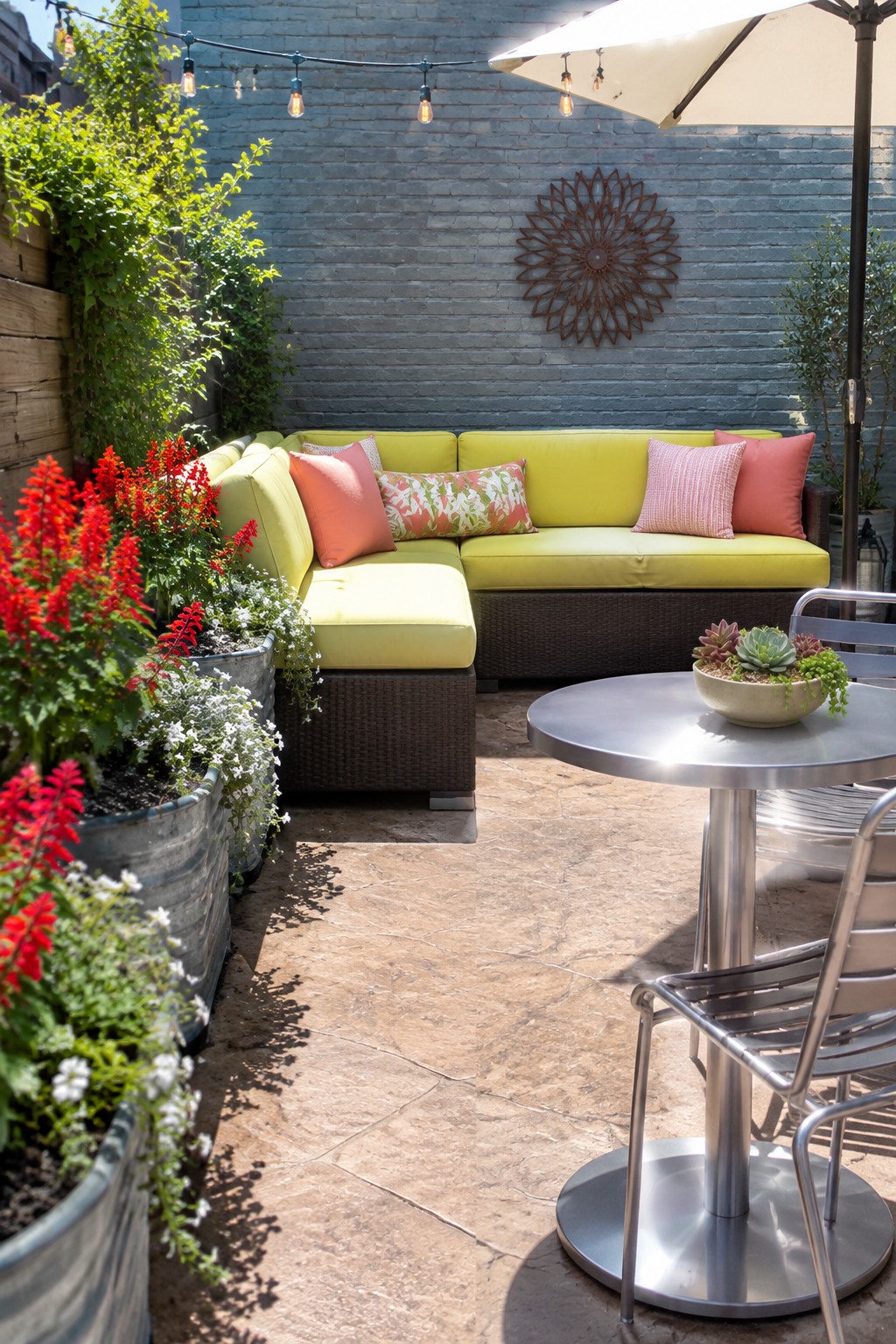 Outdoor patio with lime sectional sofa, round metal table, red flowers, and brick wall.