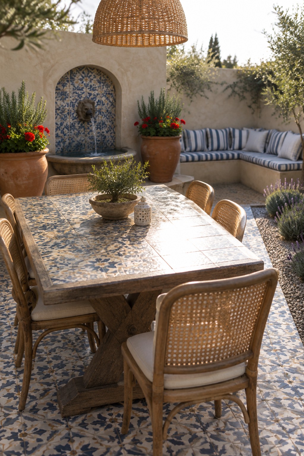 Mediterranean patio with mosaic-tiled wooden table, rattan chairs, and stone fountain.