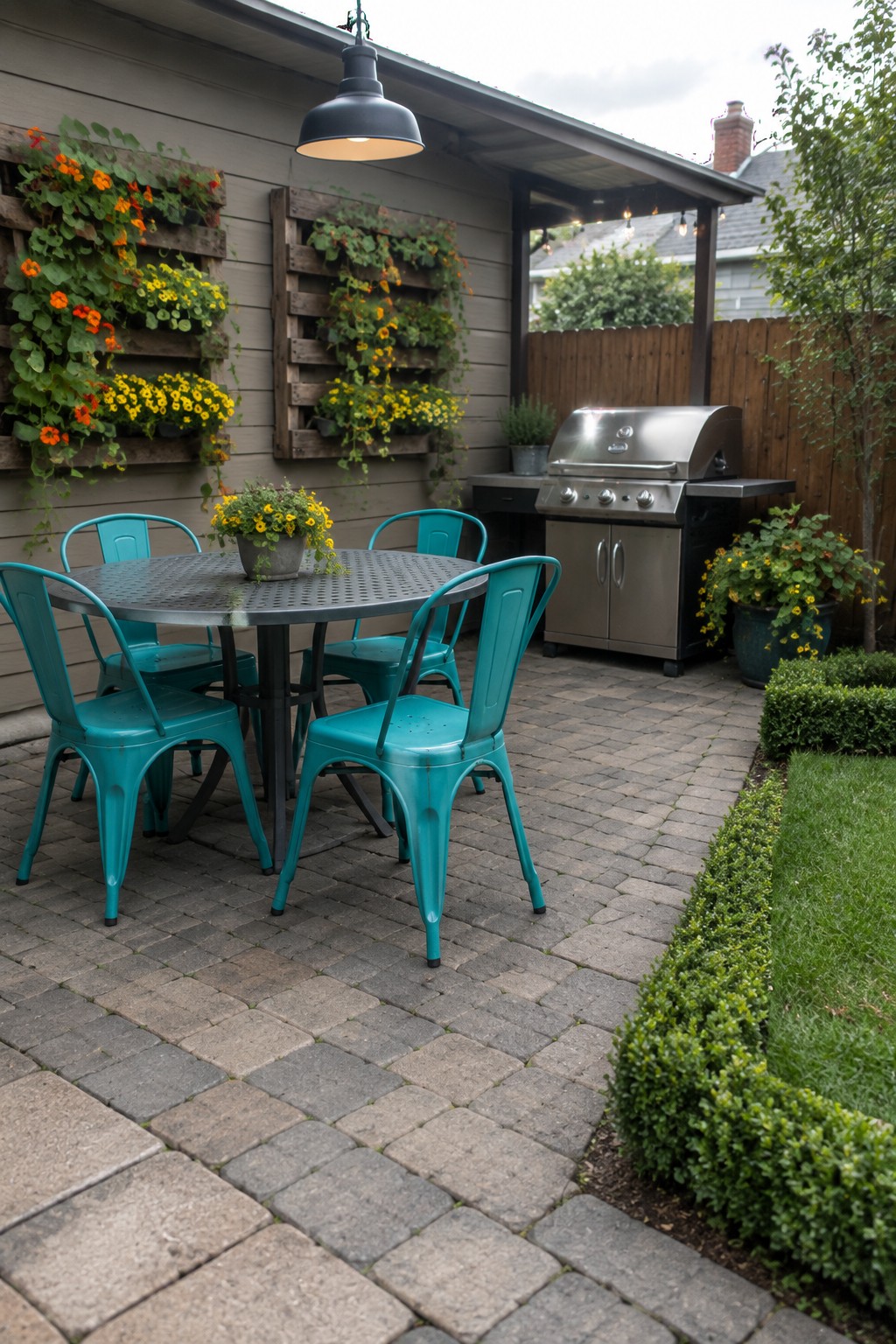 Round metal table with turquoise chairs on brick patio near grill and flowers