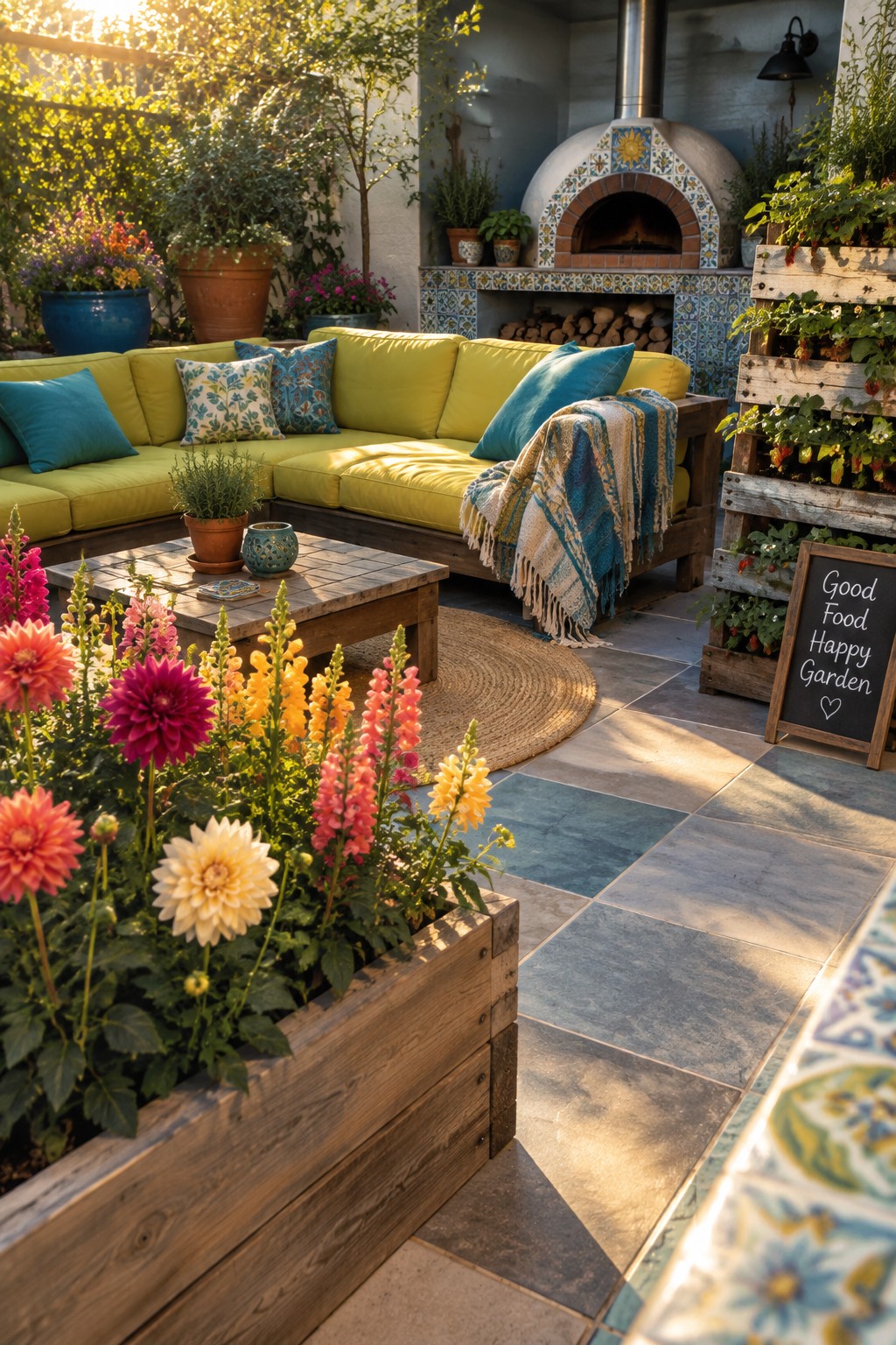 A backyard patio with a lime green sectional sofa, wooden coffee table, and large wooden planter filled with colorful dahlias and snapdragons in the foreground, with a tiled pizza oven visible in the background.