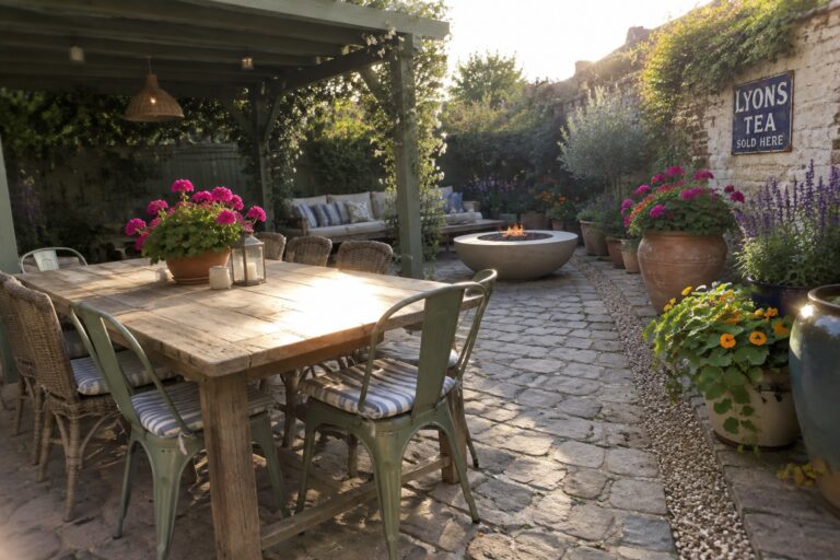24 Colorful Backyard Patio Ideas Built Around Container Flower Gardens A wooden dining table with mixed metal and wicker chairs sits under a green pergola on a brick patio, surrounded by colorful potted flowers and plants.