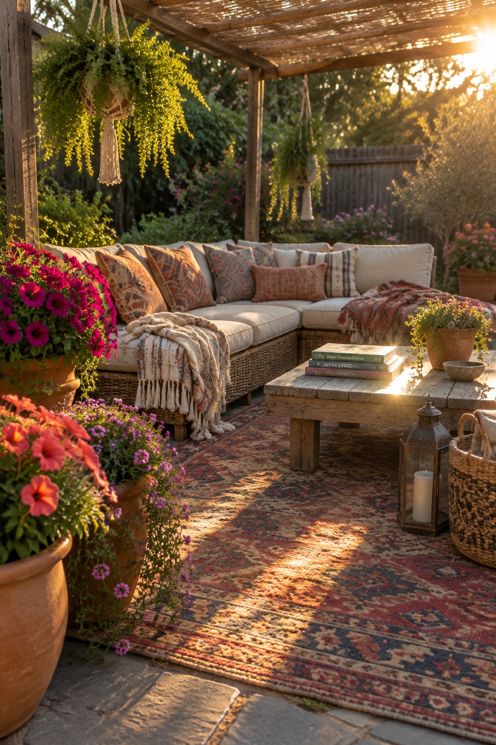 A backyard patio features a wicker sectional sofa with patterned pillows, a wooden coffee table on a red rug, and multiple large terracotta pots overflowing with bright pink, red, and purple flowers under a wooden pergola.