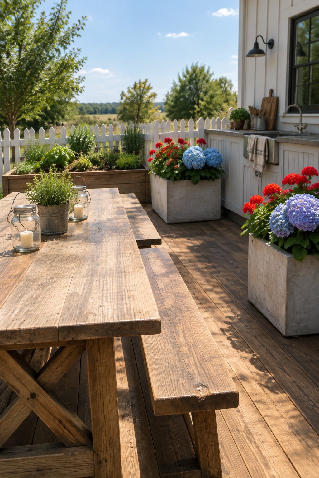 A wooden picnic table and benches on a deck are surrounded by concrete planters holding red geraniums and blue hydrangeas, with smaller potted plants on the table.