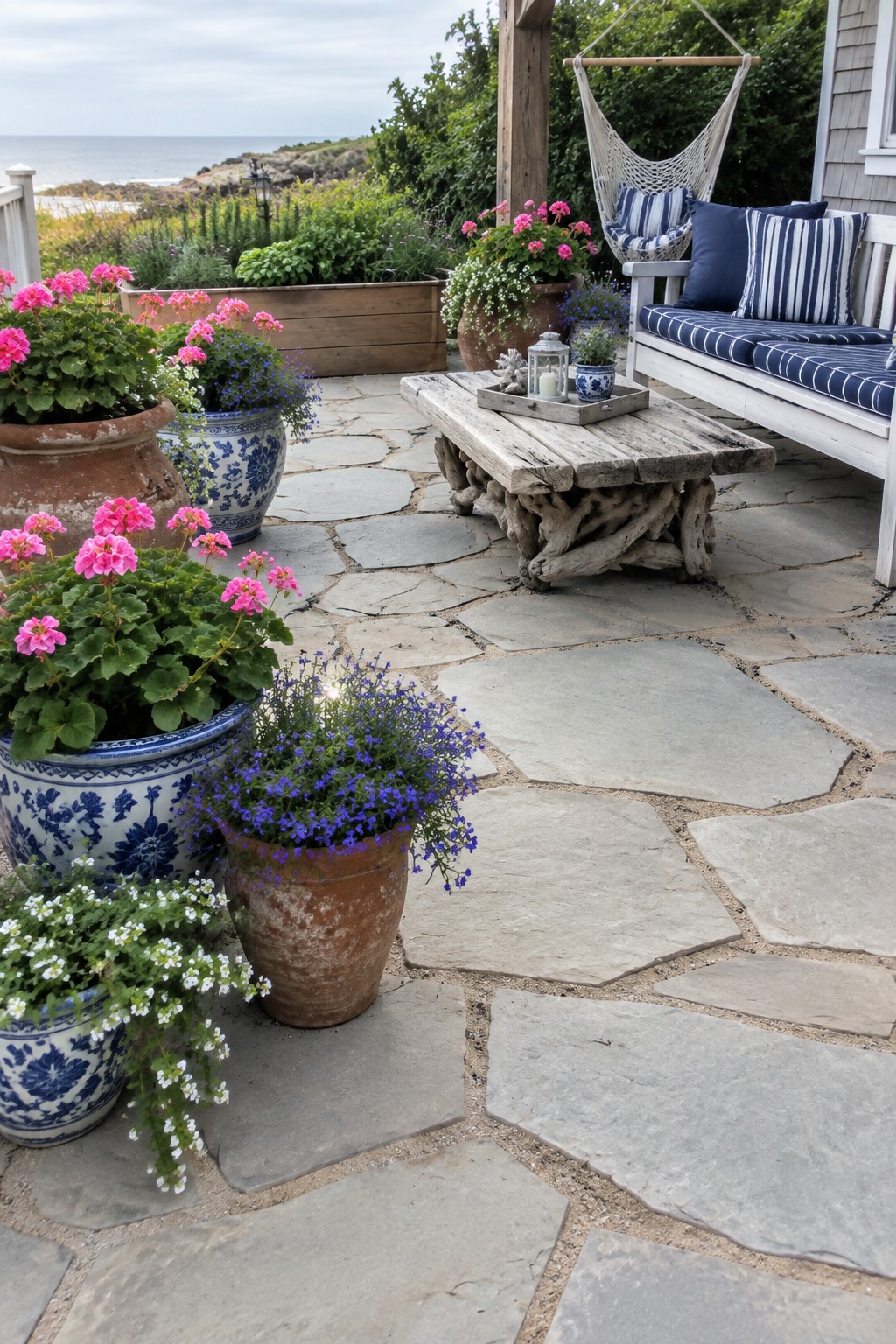 Stone patio with potted pink and blue flowers, striped bench, ocean view.