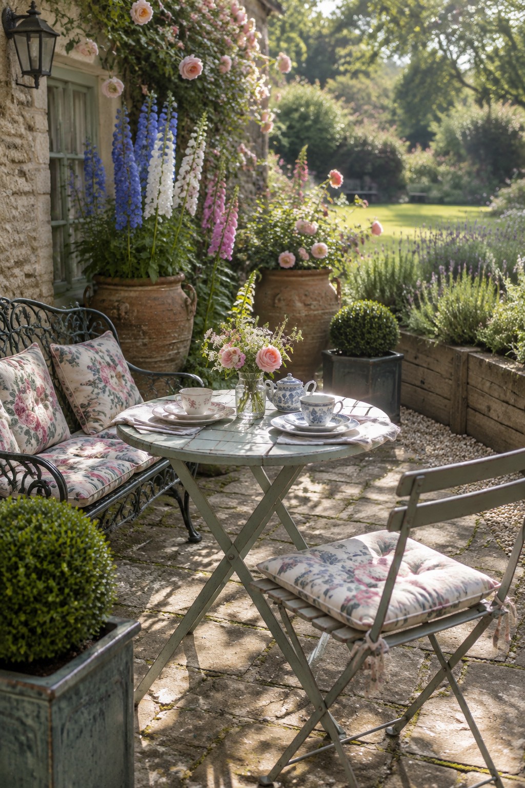 Garden patio with floral-cushioned chairs, tea table, and blooming roses by cottage
