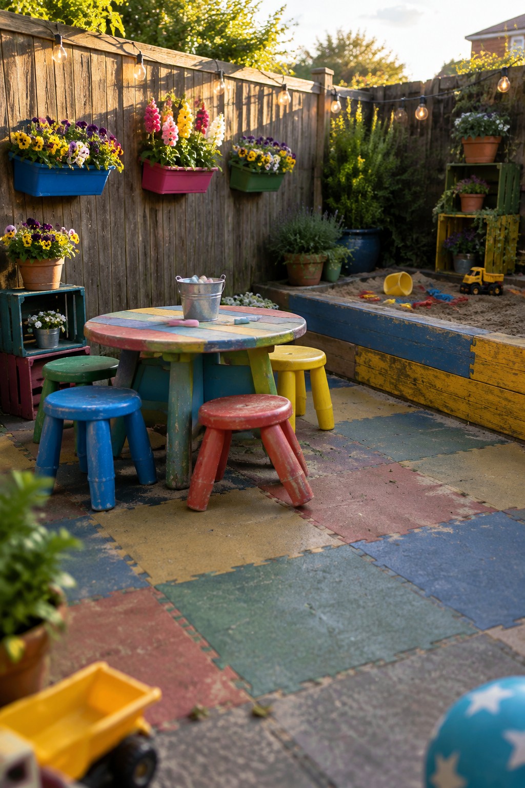 A colorful children's patio table with painted stools sits on foam tiles in front of a wooden fence lined with blue, pink, and green flower boxes.