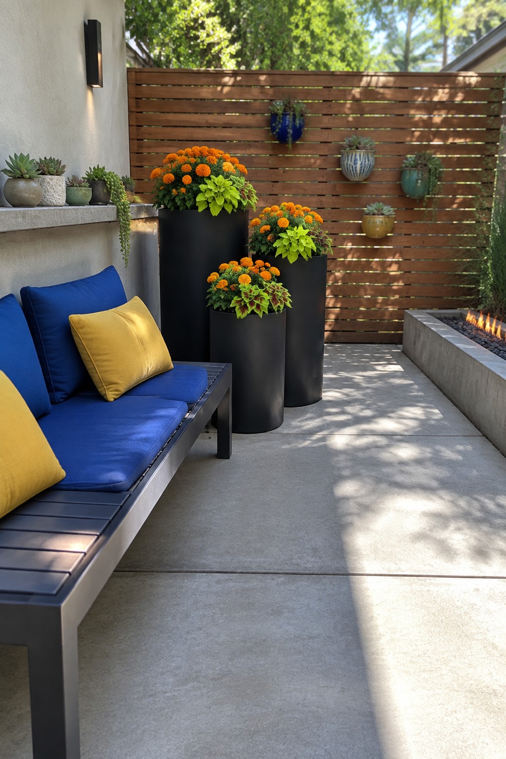 A concrete patio with a dark bench topped with blue cushions and yellow pillows, several tall black planters filled with orange flowers, a wooden fence in the background, and a built-in fire pit along the right side.