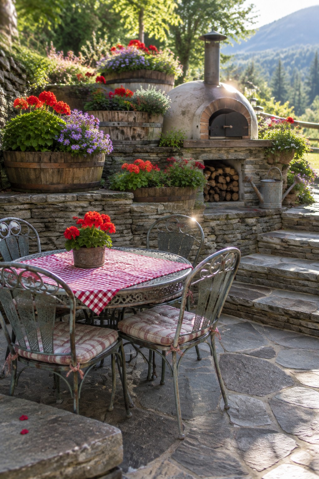 Rustic stone patio with red checkered table, metal chairs, flower barrels, and pizza oven