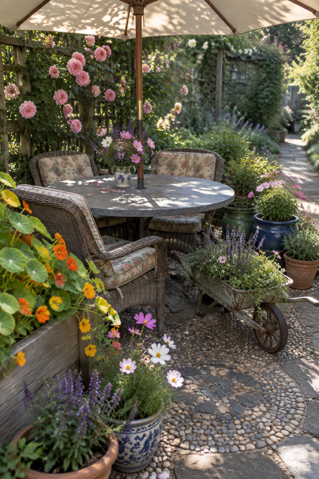 A round stone patio table with floral cushioned wicker chairs under a beige umbrella, surrounded by many colorful potted flowers including a wheelbarrow planter on a pebble surface.