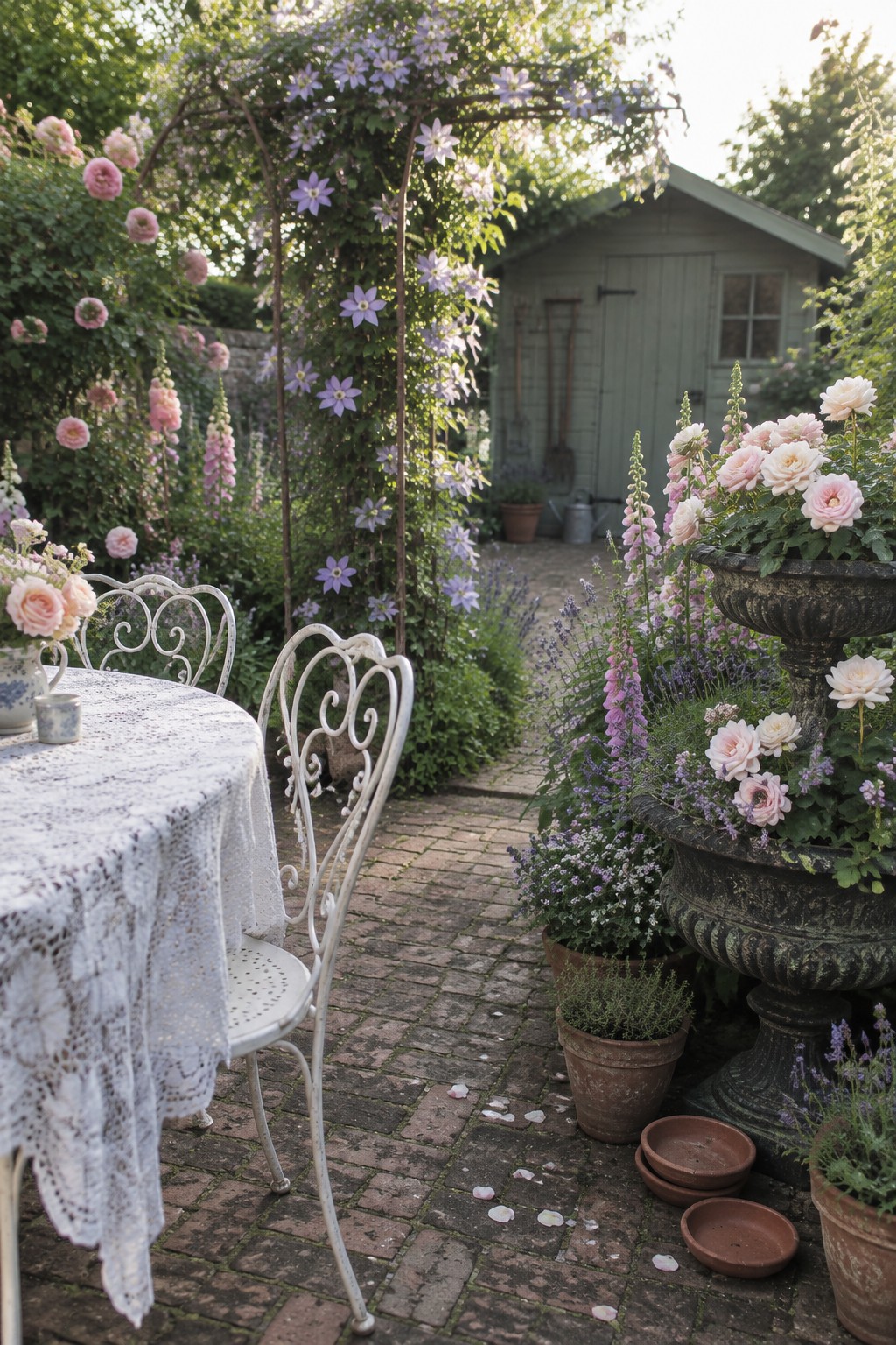 A brick patio with a white metal table and chairs under a lace cloth, surrounded by numerous potted flowers in terracotta and decorative urns, with purple clematis on an arch and a garden shed visible in the background.
