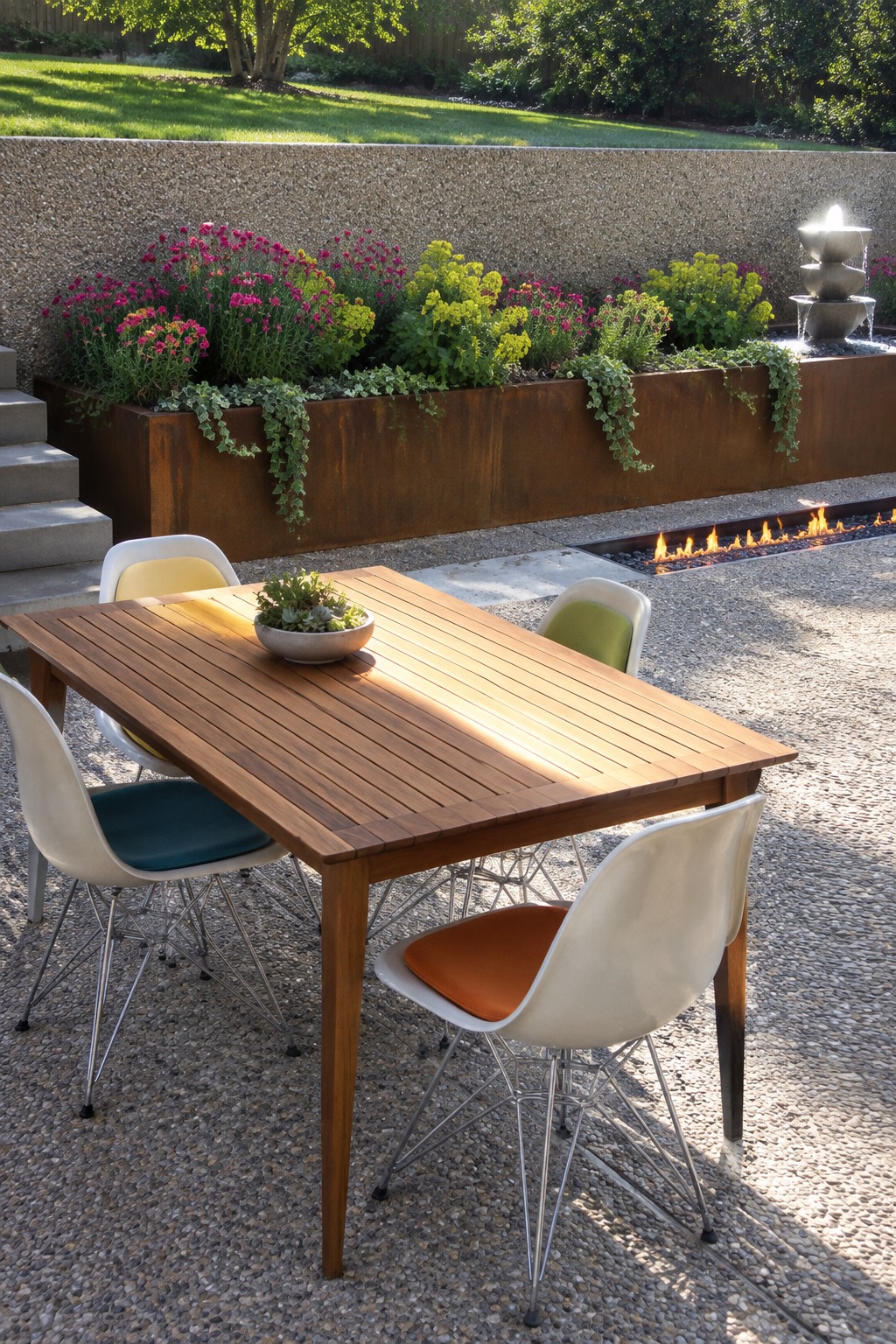 A wooden patio table with four modern chairs sits on gravel beside a long raised metal planter filled with colorful flowers and a tiered fountain, with a linear fire pit visible nearby.