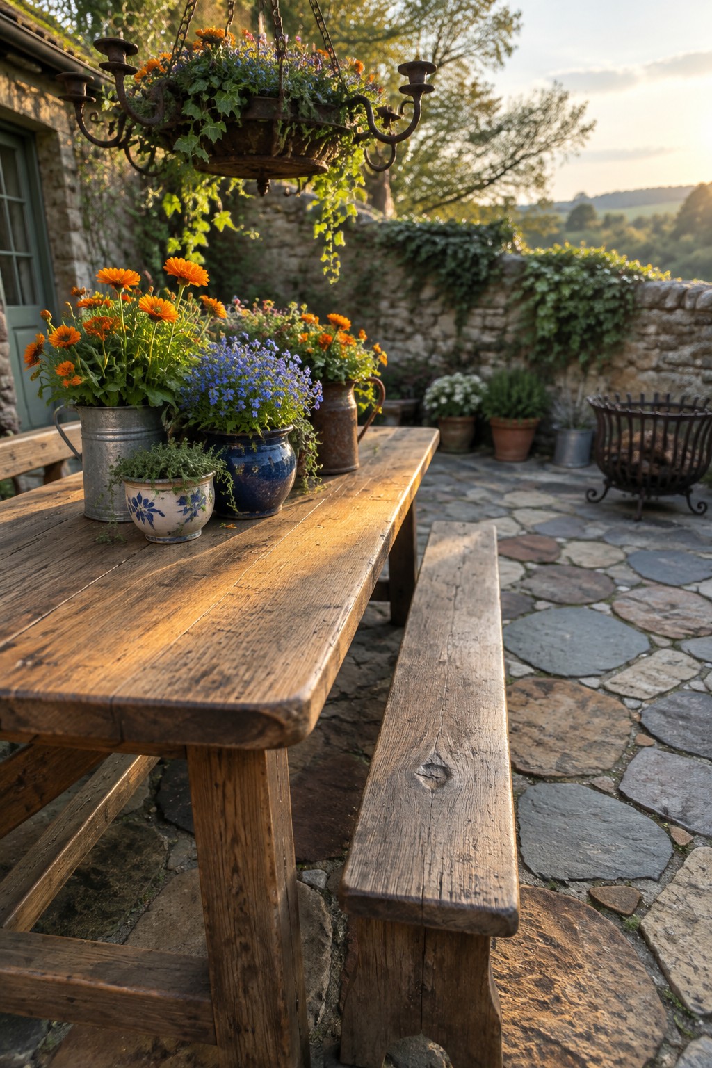 A rustic wooden picnic table on a stone patio holds several pots of orange and blue flowers, with a hanging metal chandelier planter above it.